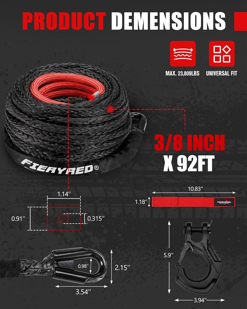 FIERYRED 3/8inch 92FT 23809 LBS Synthetic Winch Rope Cable Kit with Forged Hook and Strap, Winch Line Replacement for 12000-16000LBS Winch 4WD Off-Road Vehicle Jeep Truck SUV - Image 2
